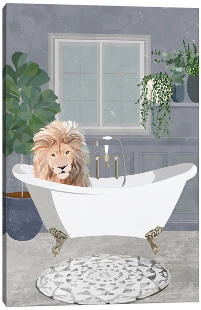 Lion Taking A Bath Canvas Art Print - Sarah Manovski