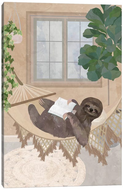Boho Sloth Reading In Hammock Canvas Art Print - Sloth Art