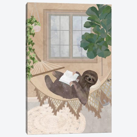 Boho Sloth Reading In Hammock Canvas Print #MVS23} by Sarah Manovski Canvas Artwork