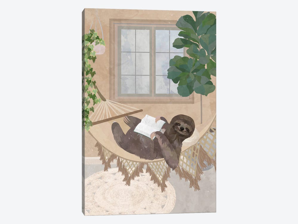 Boho Sloth Reading In Hammock by Sarah Manovski 1-piece Canvas Art Print