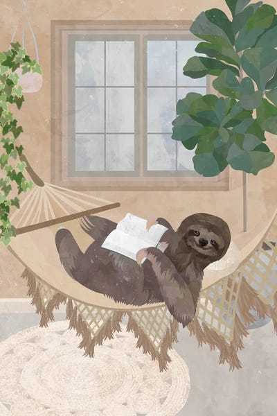 Office Humor: Boho Sloth Reading In Hammock by Sarah Manovski