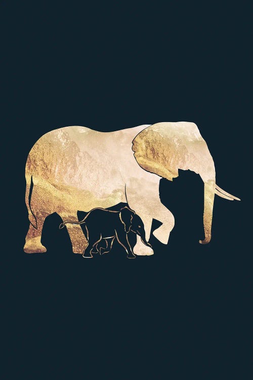 Elephants I Gold Silhouette Black