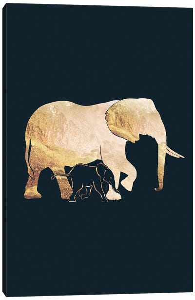 Elephants I Gold Silhouette Black Canvas Art Print - Sarah Manovski
