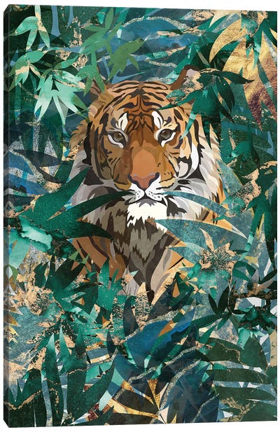 Tiger In The Jungle Canvas Art Print - Gold & Teal Art