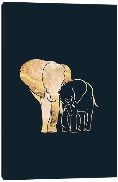 Elephants II Gold Silhouette Black Canvas Art Print - Sarah Manovski