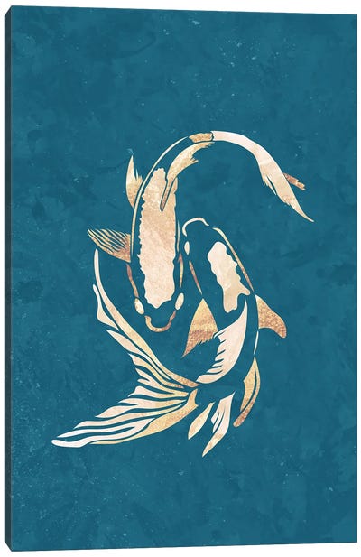 Koi Fish II Gold Silhouette Turquoise Canvas Art Print - Koi Fish Art