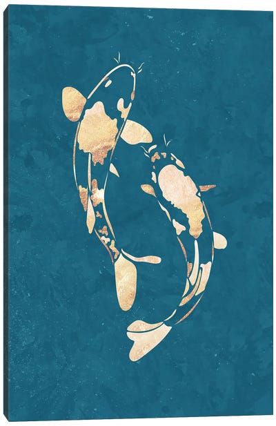 Koi Fish I Gold Silhouette Turquoise Canvas Art Print - Koi Fish Art