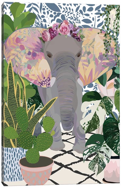 Elephant With House Plants Canvas Art Print - Stripe Patterns