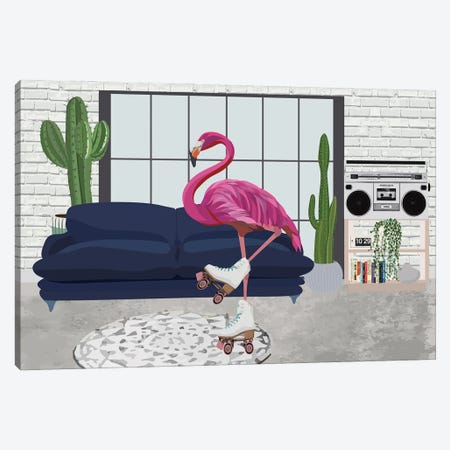 Flamingo Rollerskating Canvas Print #MVS48} by Sarah Manovski Canvas Artwork