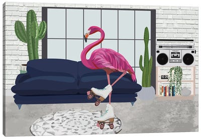 Flamingo Rollerskating Canvas Art Print - Vinyl Records