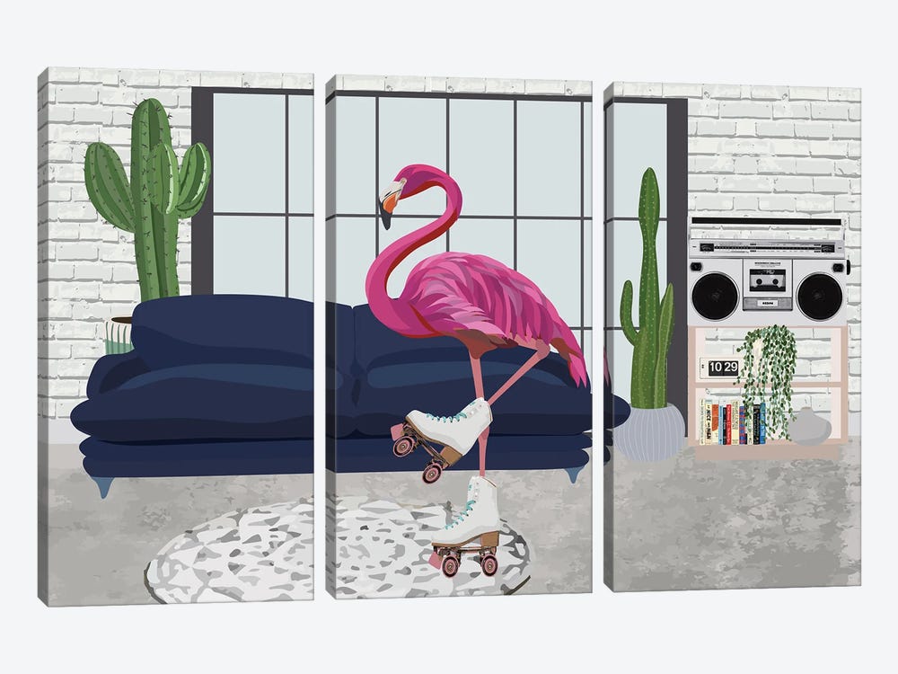 Flamingo Rollerskating by Sarah Manovski 3-piece Canvas Artwork
