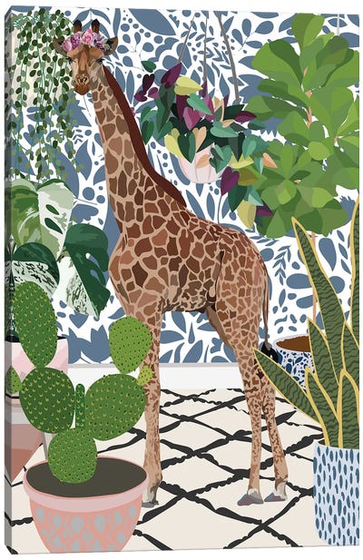 Giraffe With House Plants Canvas Art Print - Plant Mom