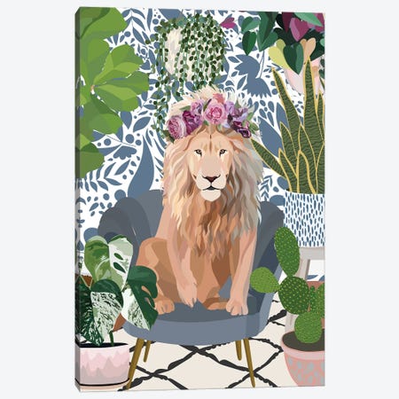 Lion With House Plants Canvas Print #MVS54} by Sarah Manovski Canvas Wall Art