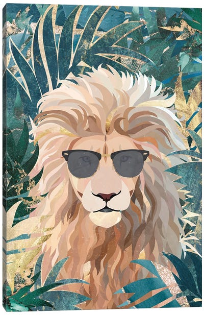 Lion In The Jungle Canvas Art Print - Gold & Teal Art