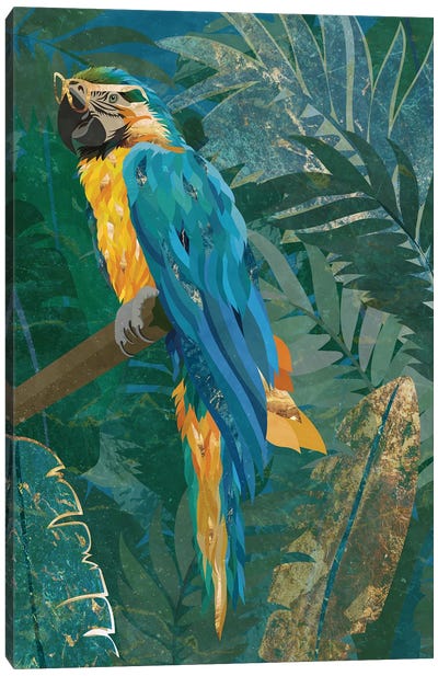 Macaw In The Jungle Canvas Art Print - Gold & Teal Art