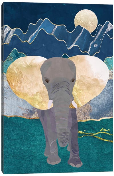 Magestic Elephant In The Moonlit Mountains Canvas Art Print - Blue & Gold Art