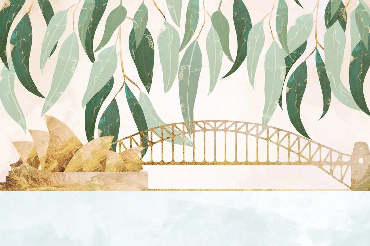 Golden Sydney Harbour With Eucalyptus Leaves by Sarah Manovski wall art