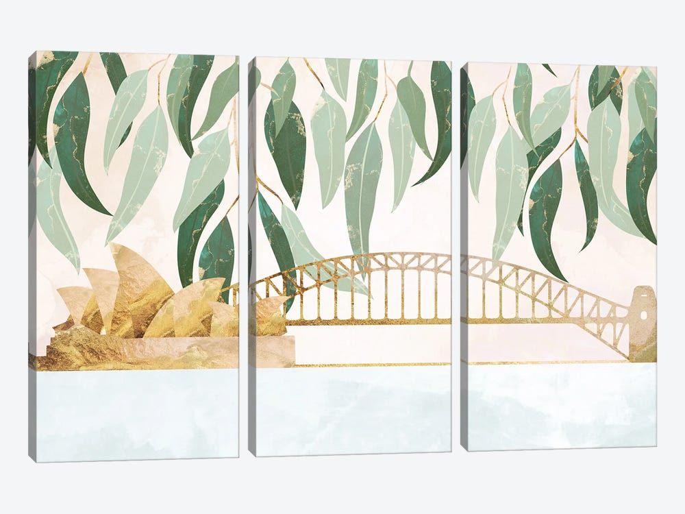 Golden Sydney Harbour With Eucalyptus Leaves by Sarah Manovski 3-piece Canvas Art