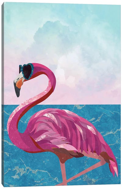 Flamingo On The Beach Canvas Art Print - Tropical Beach Art