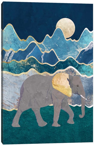 Magestic Elephant Walking In The Moon Canvas Art Print - Gold & Teal Art