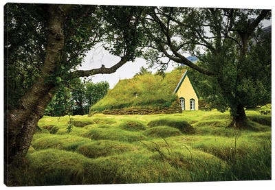 Iceland, Turf-Roofed Hof Church And Surrounding Grave Mounds. Canvas Art Print