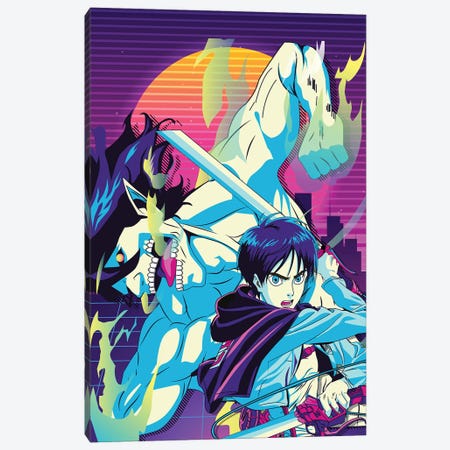 Eren And Attack Titan 80s Canvas Print #MWJ69} by Mounier Wanjak Canvas Art