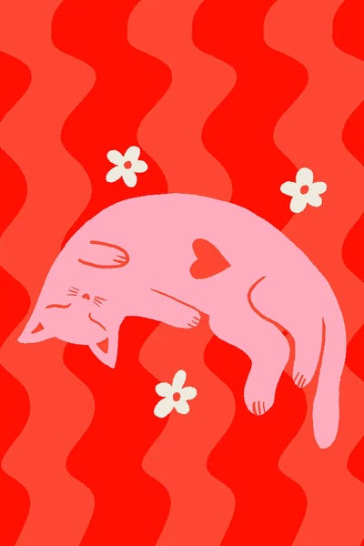 Canvas Print: Pink Sleepy Cat With Wavy Background by Angela Minca
