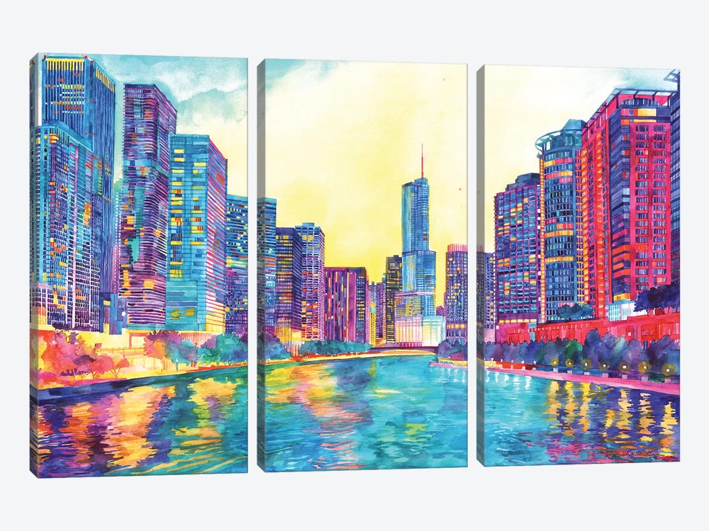 Chicago River by Maja Wronska 3-piece Canvas Artwork
