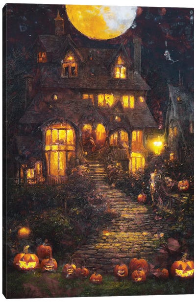 Halloween At The Witch's House Canvas Art Print - Haunted House Art