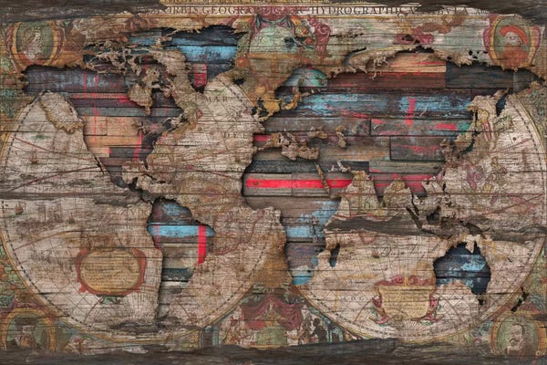 Large Map Art - Canvas Prints: Distressed World Map by Diego Tirigall