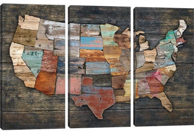 USA Map I Canvas Art Print - 3-Piece Vintage Art