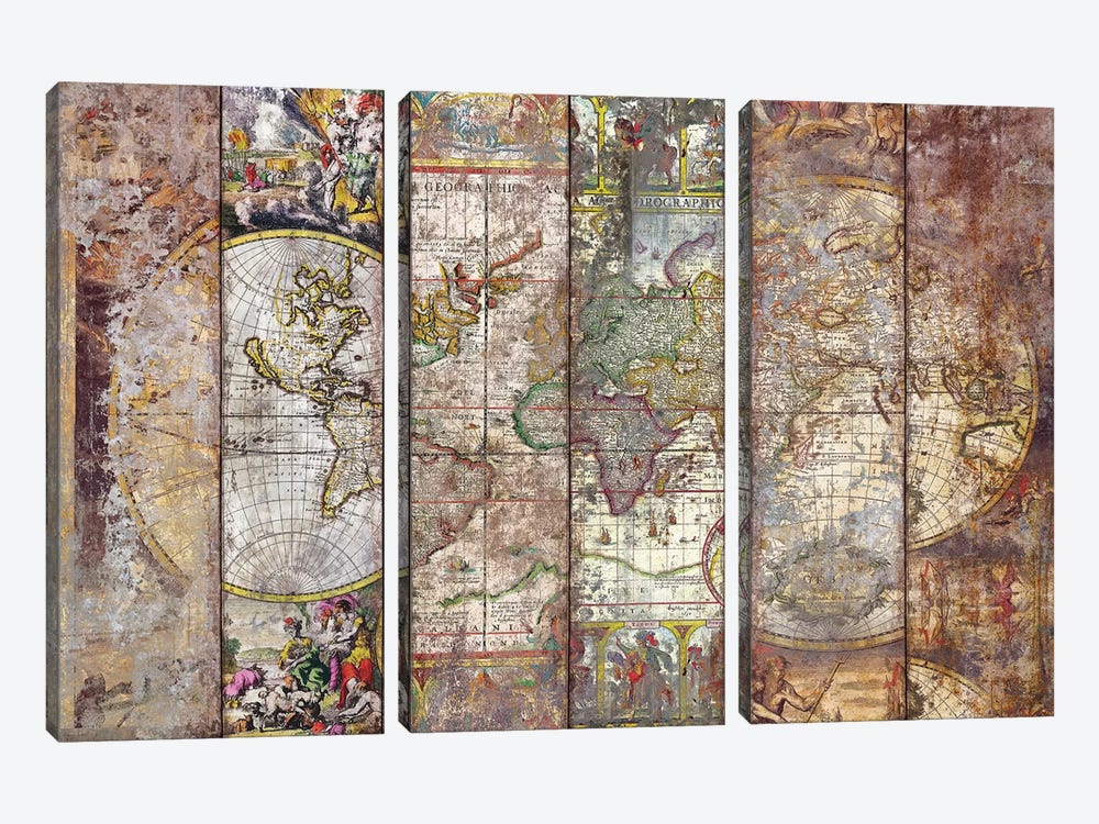 Old Times (World Map) I by Diego Tirigall 3-piece Canvas Art Print