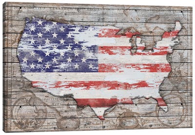 USA Map Old America Canvas Art Print - American Flag Art