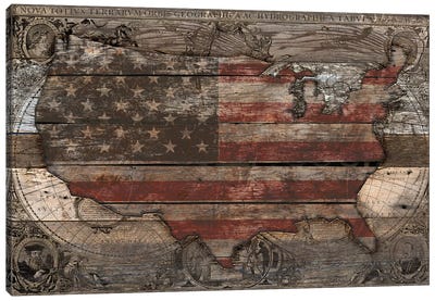 USA Map Old Country Canvas Art Print - American Flag Art