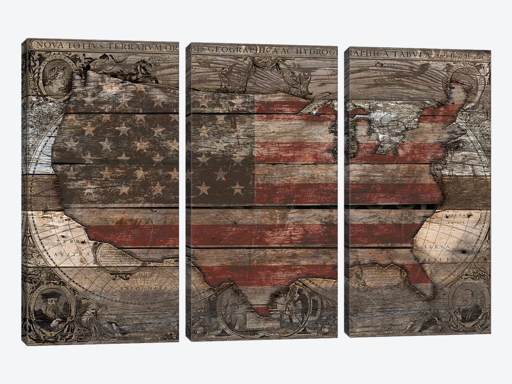 USA Map Old Country by Diego Tirigall 3-piece Canvas Artwork