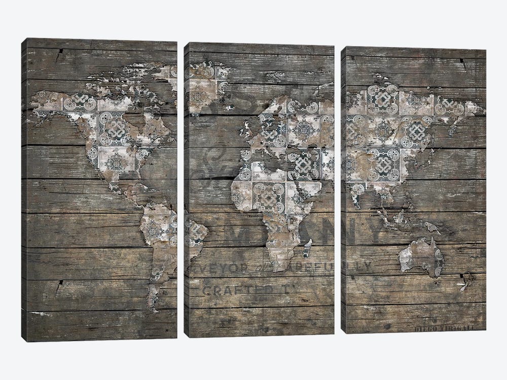 World Map Rustic Pattern by Diego Tirigall 3-piece Canvas Wall Art