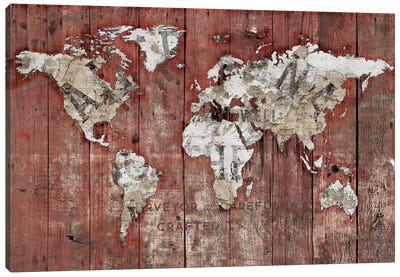 Red World Map Canvas Art Print - World Map Art