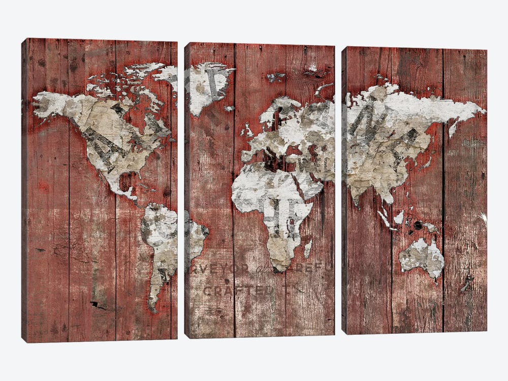 Red World Map by Diego Tirigall 3-piece Canvas Print