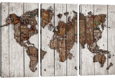Wood Map Canvas Art Print - 3-Piece Vintage Art