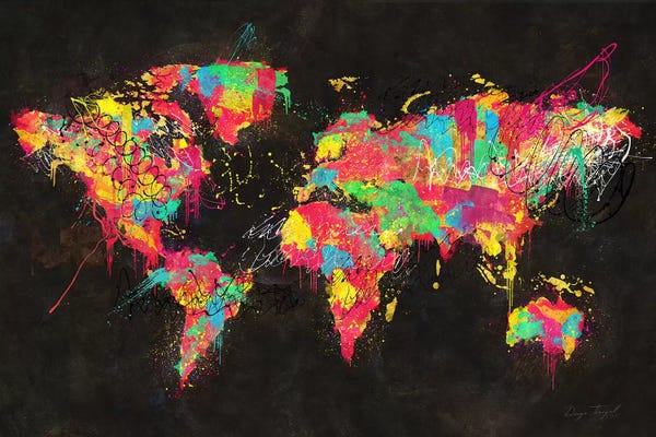 Large Map Art - Canvas Prints: Psychedelic Continents by Diego Tirigall