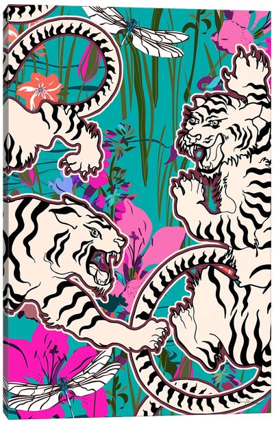 White Tigers Pond Scene Canvas Art Print - Tiger Art