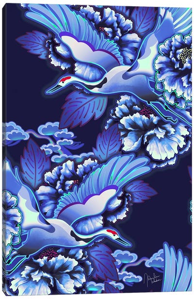 Japanese Crane Birds Indigo Canvas Art Print - Asian Culture