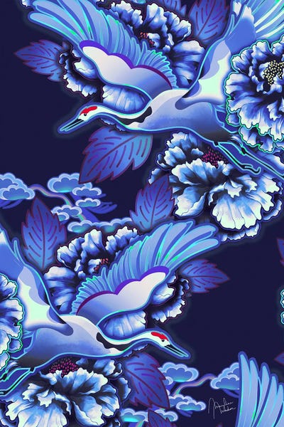 Japanese Culture: Japanese Crane Birds Indigo by Marylene Madou