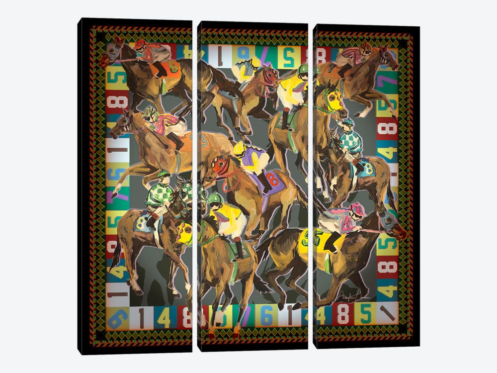 Horse Racing Vintage Scarf by Marylene Madou 3-piece Art Print