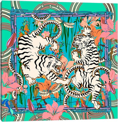 White Tigers Square Pond Canvas Art Print - East Asian Culture