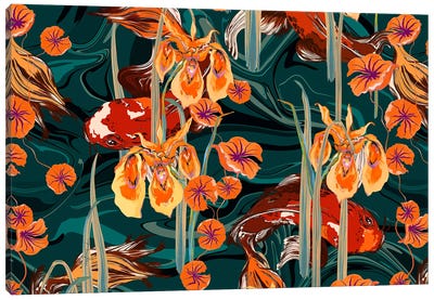 Koi Pond Orange Tones Canvas Art Print - Best Selling Floral Art
