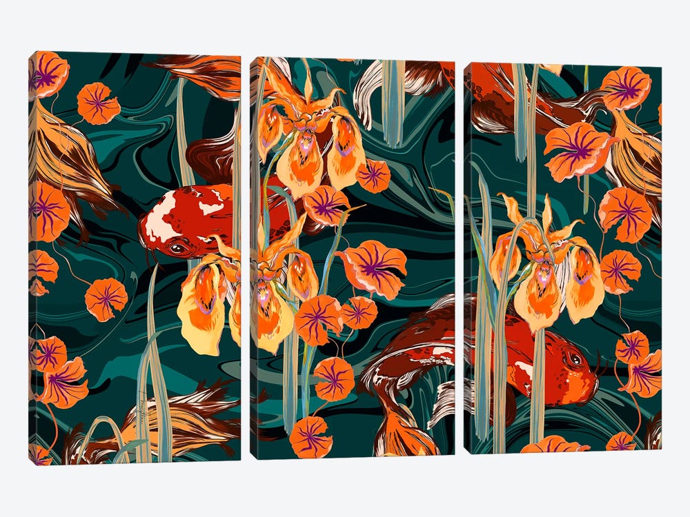 Koi Pond Orange Tones by Marylene Madou 3-piece Canvas Art Print