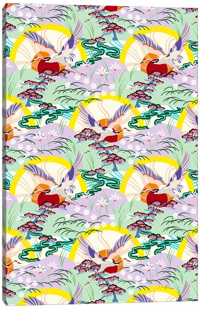 Japan Crane Birds Retro Circles Canvas Art Print - Marylene Madou