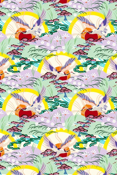 Marylene Madou: Japan Crane Birds Retro Circles by Marylene Madou