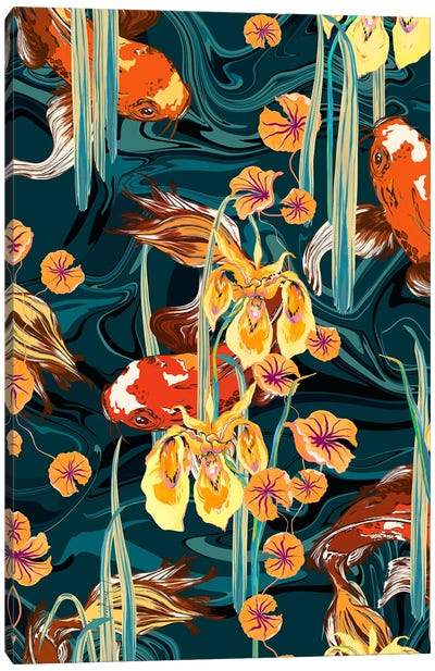 Koi Pond Aqua Petrol Canvas Art Print - Pond Art